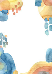 Modern abstract frame with flowing watercolor lines in yellow brown and blue colors.Stylish simple abstract hand drawn design.