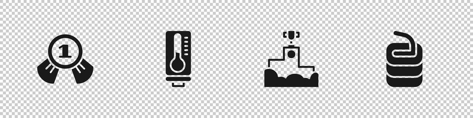 Set Medal, Meteorology thermometer, Award winner podium and Stone for curling icon. Vector