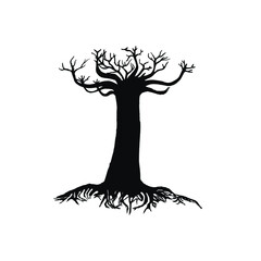 A black old dry tree without leaves. A mighty old tree with branches and roots. Centenarian tree logo