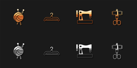 Set Yarn ball with knitting needles, Hanger wardrobe, Sewing machine and Scissors icon. Vector