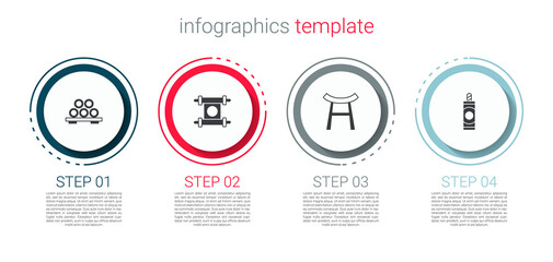 Set Sushi on cutting board, Decree, paper, parchment, scroll, Japan Gate and Firework. Business infographic template. Vector