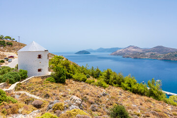 Fototapeta na wymiar Leros Island windmills view in Greece