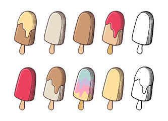 Set of ice cream. Different colors and flavors. Ice-cream with chocolate, milk, vanilla, fruits. Retro style vector illustration