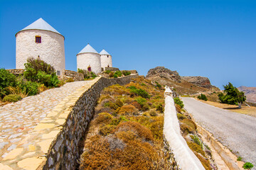 Leros Island windmills view in Greece