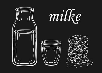 Bottle and glass of milk or water and oatmeal cookies isolated on white background. Hand drawn black and white vector illustration.