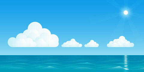 Obraz na płótnie Canvas Vector illustration of a warm seascape with white clouds, and the bright sun with rays.