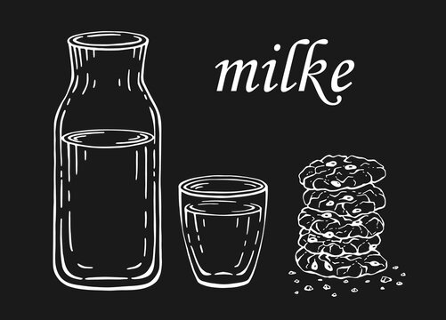 Bottle and glass of milk or water and oatmeal cookies isolated on white background. Hand drawn black and white vector illustration.