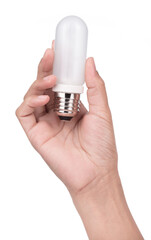 Hand holding White light bulb isolated on white background