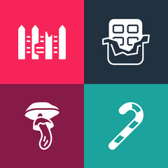 Set pop art Christmas candy cane, Psilocybin mushroom, Chocolate bar and Garden fence wooden icon. Vector