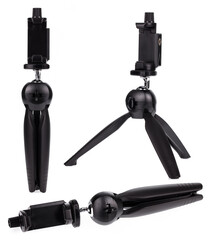 Collection of Mini clamp tripod for smartphones cameras isolated on a white background.