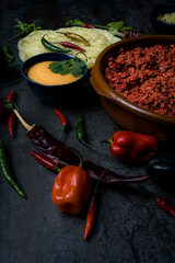 mexican food pork meat and cheese with spicy jalapenos and red hot chilli pepper