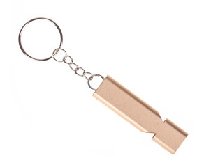 Metal Whistle Keychain Key Ring isolated on white background.