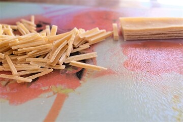 Preparing process of homemade Turkish noodle, selective focus. Noodles are the pasta that Turkish women make. It is called 