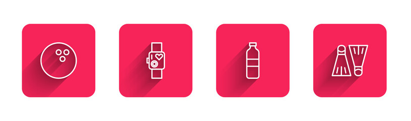 Set line Bowling ball, Smart watch showing heart beat rate, Bottle of water and Rubber flippers for swimming with long shadow. Red square button. Vector