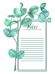 Hand drawn watercolour blank paper notes tamplate with eucalyptus in botanical style. Branches with leaves on a light background, notes
