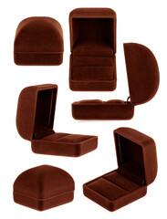 Collection of Velvet Ring Box isolated on white background.