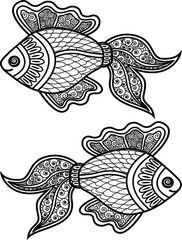 Black and white vector illustration of a fish. An idea for a logo,fashion illustrations, magazines, print on clothing, advertising, tattoo sketch or mehendi.