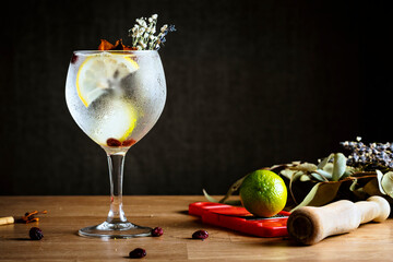  Freshly prepared and decorated gin and tonic on a wooden table