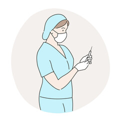 Nurse preparing to vaccinate against Covid-19, coronavirus vaccination hand drawn style vector illustration