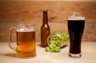 Glass of dark and light beer with hops