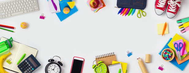 Back to school creative concept with school supplies on white background
