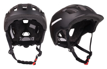 Black cycling helmet isolated on white background.