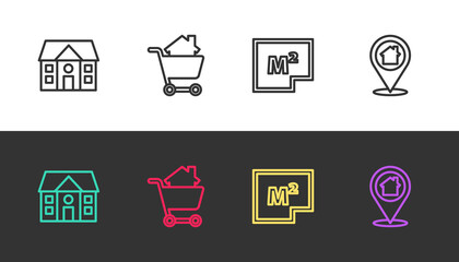 Set line House, Shopping cart with house, plan and Location on black and white. Vector