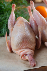 Fresh raw organic quail meat on craft paper. Ingredients for cooking healthy quail broth.