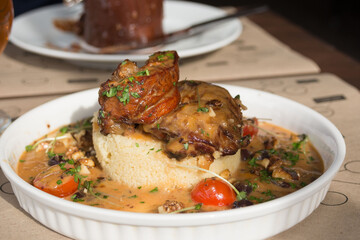 Delicious chicken and couscous with dried fruits. Traditional Moroccan cuisine.