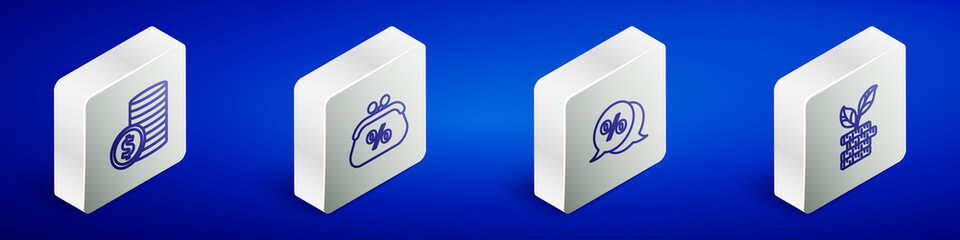 Set Isometric line Coin money with dollar, Purse percent, Discount tag and Dollar plant icon. Vector