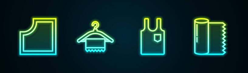 Set line Sewing Pattern, Hanger wardrobe, Sleeveless T-shirt and Textile fabric roll. Glowing neon icon. Vector