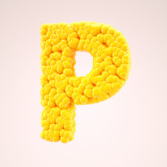 Corn alphabet letter P in yellow bubbles. 3d rendering.