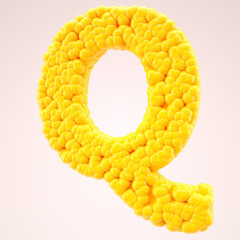 Corn alphabet letter Q in yellow bubbles. 3d rendering.