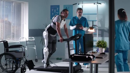 Medical practitioners discussing rehabilitation process of male patient - Powered by Adobe