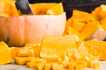 sliced and gutted orange pumpkin