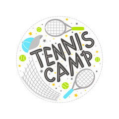 Cute emblem for Tennis camp with sports element, tennis rackets, balls and a cap. Round Logo for a sport club, children's leisure and recreation. Vector illustration - obrazy, fototapety, plakaty