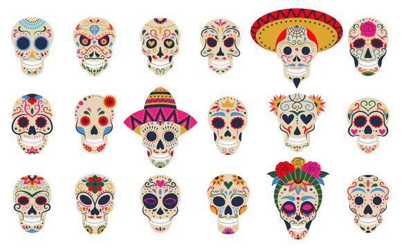 Dia de los muertos skulls. Day of the dead festival skulls, floral sugar human head bones vector symbols set. Mexican death holiday decoration