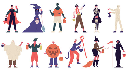 Fototapeta na wymiar Halloween characters. People in halloween costumes, witch, ghost and mummy costumes for carnival party vector illustration set. Halloween spooky outfits