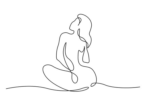 Sketch of naked woman sitting. One line drawing