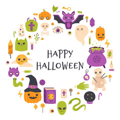 Happy halloween card. Autumn halloween pumpkin, bat and witch cauldron party invitation vector illustration. Cute halloween symbols poster