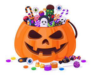 Halloween pumpkin with candies. Cartoon sweets pumpkin basket, lollipops, jelly treats and candy cane vector illustration. Pumpkin trick or treat bag