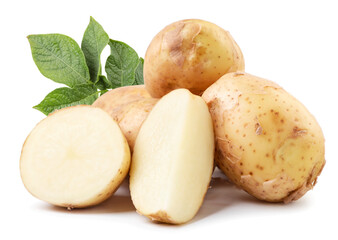 Young potatoes heap and green leaf on a white background. Isolated