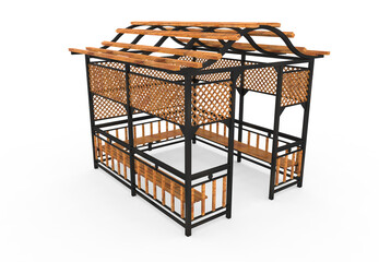 3d realistic a wooden Roofed garden Bench, square camellia on white background
