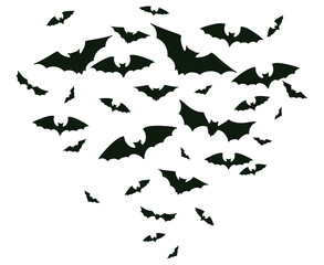 Halloween flying bats. Spooky bats flock, creepy horror vampire winged animal vector background illustration. Scary halloween bats