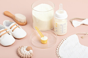 Fototapeta na wymiar Preparation of formula for baby feeding. Baby health care, organic mixture of dry milk concept.