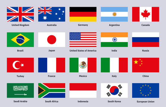Group of Twenty flags. Major advanced and emerging world countries, China, Brazil and Italy signs vector illustration set. G20 countries flag emblems
