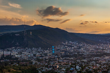 Beautiful view of Tbilisi at sunset, capital of Georgia