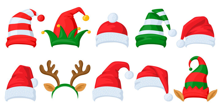 Christmas celebration hats. Cartoon Santa Claus, elf and reindeer horns masquerade hats vector illustration set. Xmas holiday celebration hats