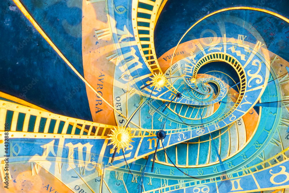 Poster Droste effect background based on Prague astronomical clock. Abstract design for concepts related to astrology and fantasy.
