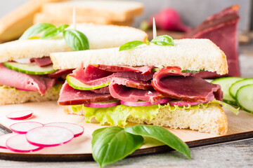 Fresh sandwiches with pastrami, cucumber, radish and basil on a cutting board. American snack. Rustic style. Close-up